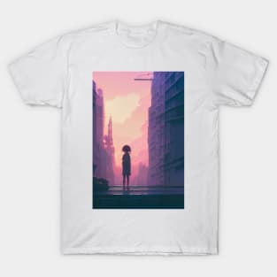 Anime Girl Pink Lofi Scenario Landscape T-Shirt